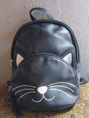 Claire's,Faux Leather,Black Cat Face Mini Backpack - Pink Nose